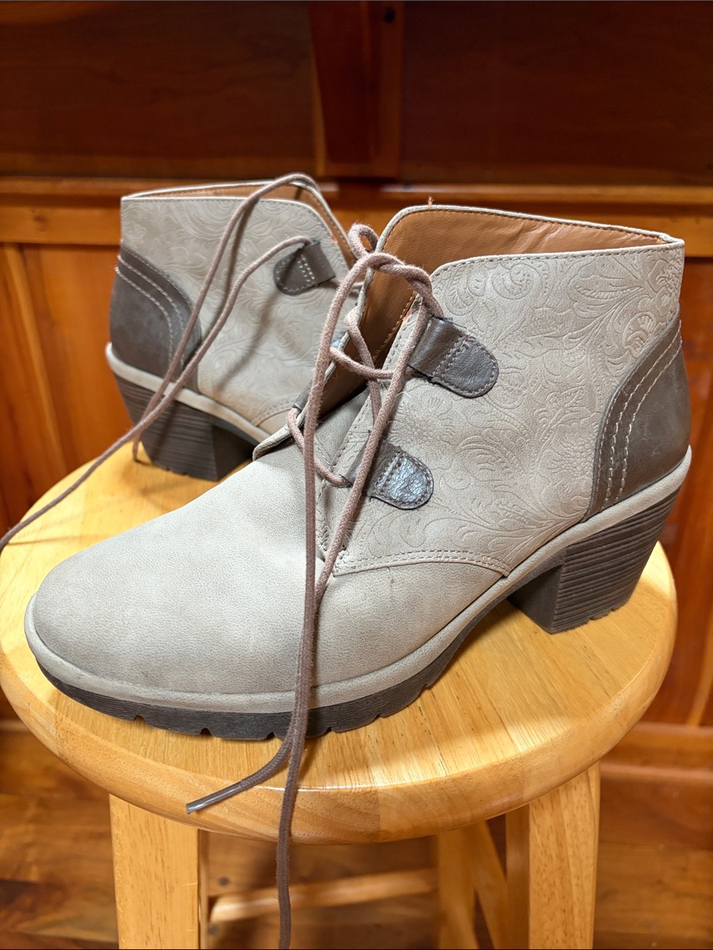 Women's Taupe Lace-Up Ankle Booties with Block Heel